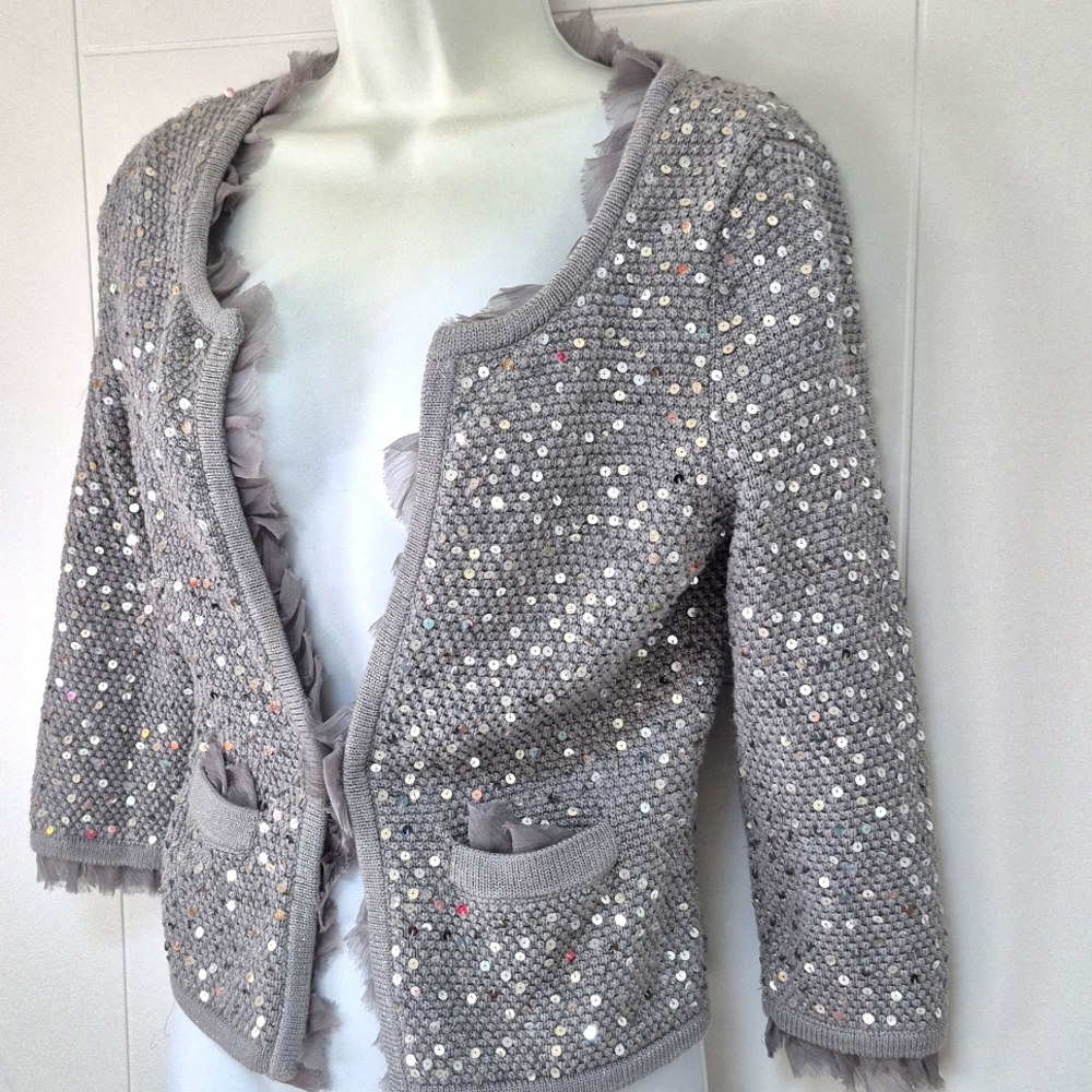 White House Black Market Grey Silver Sequin Embellished Sweater XS
